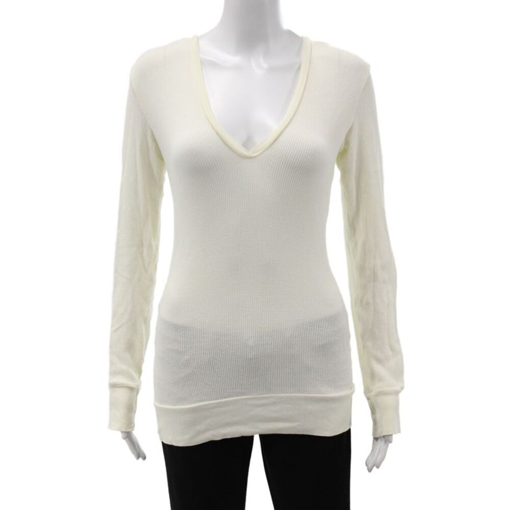 Bobi Womens Basic V-Neck Long Sleeve White Top 99% Cotton Size M